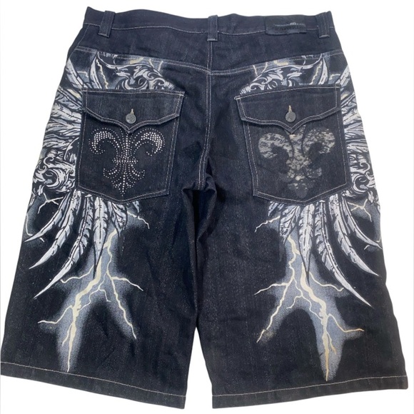 Y2K Baggy JNCO Style Graphic Denim Shorts Lightning Fleur-de-Lis Bling Detail - Picture 2 of 16